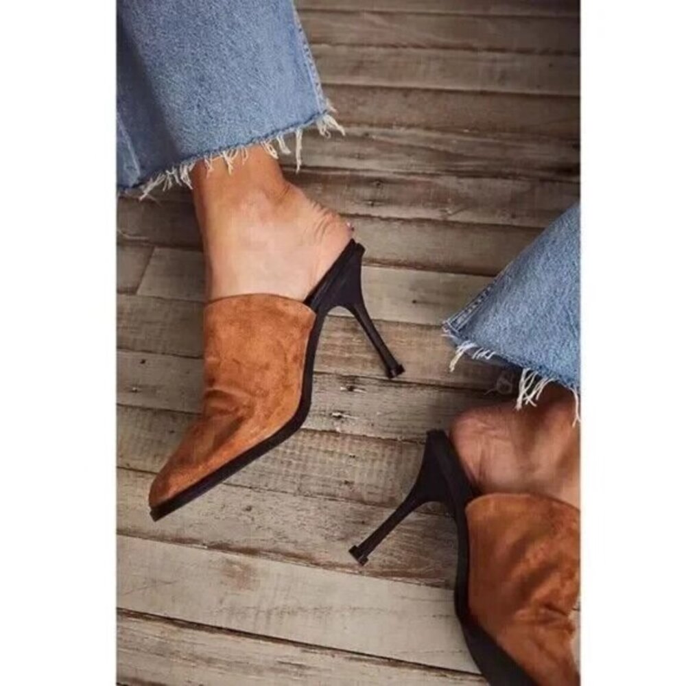 Free People Women's Leila Heeled Mule Shoes Tan Suede Closed Toe Size 40